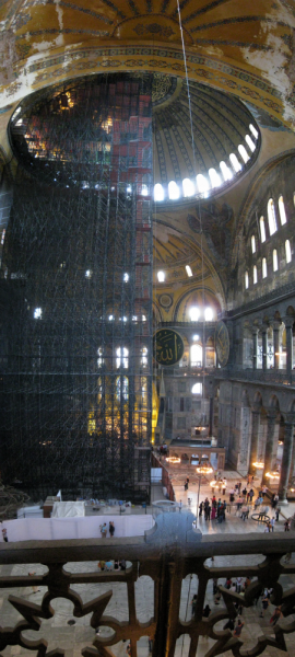 Vertical panorama showing scaffolding inside the Ayasofya, Istanbul, Turkey